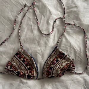 Agua Bendita Floral Embroidered Triangle Bikini Top - Navy & Multicolor